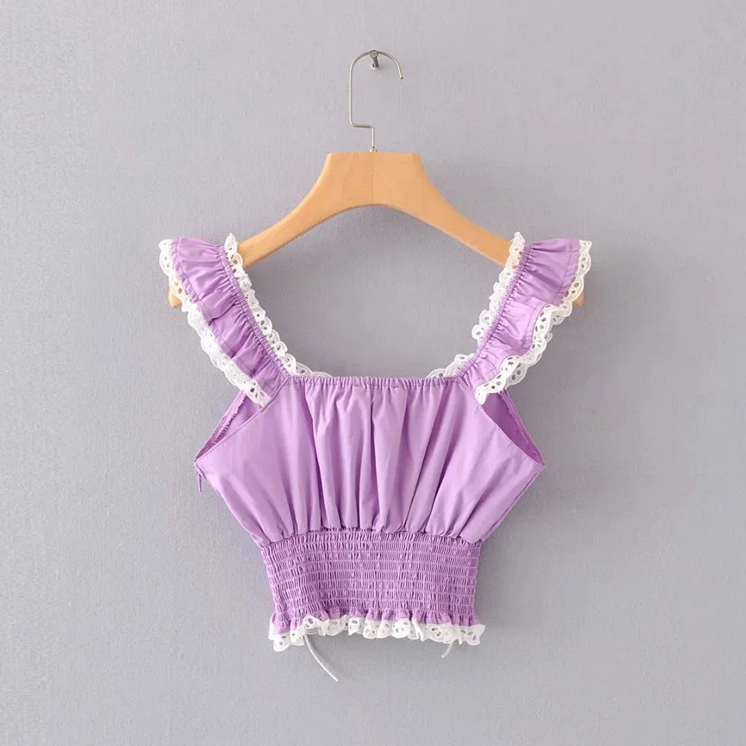 Women's new tie rope lace short shirt European and American style navel lace top