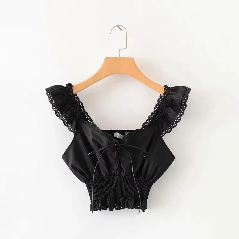 Women's new tie rope lace short shirt European and American style navel lace top
