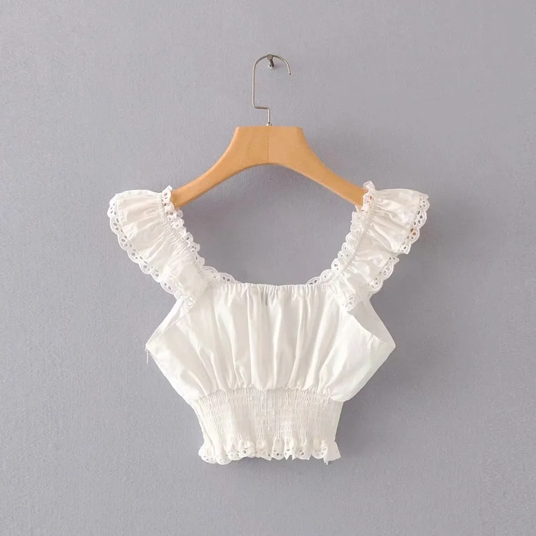 Women's new tie rope lace short shirt European and American style navel lace top