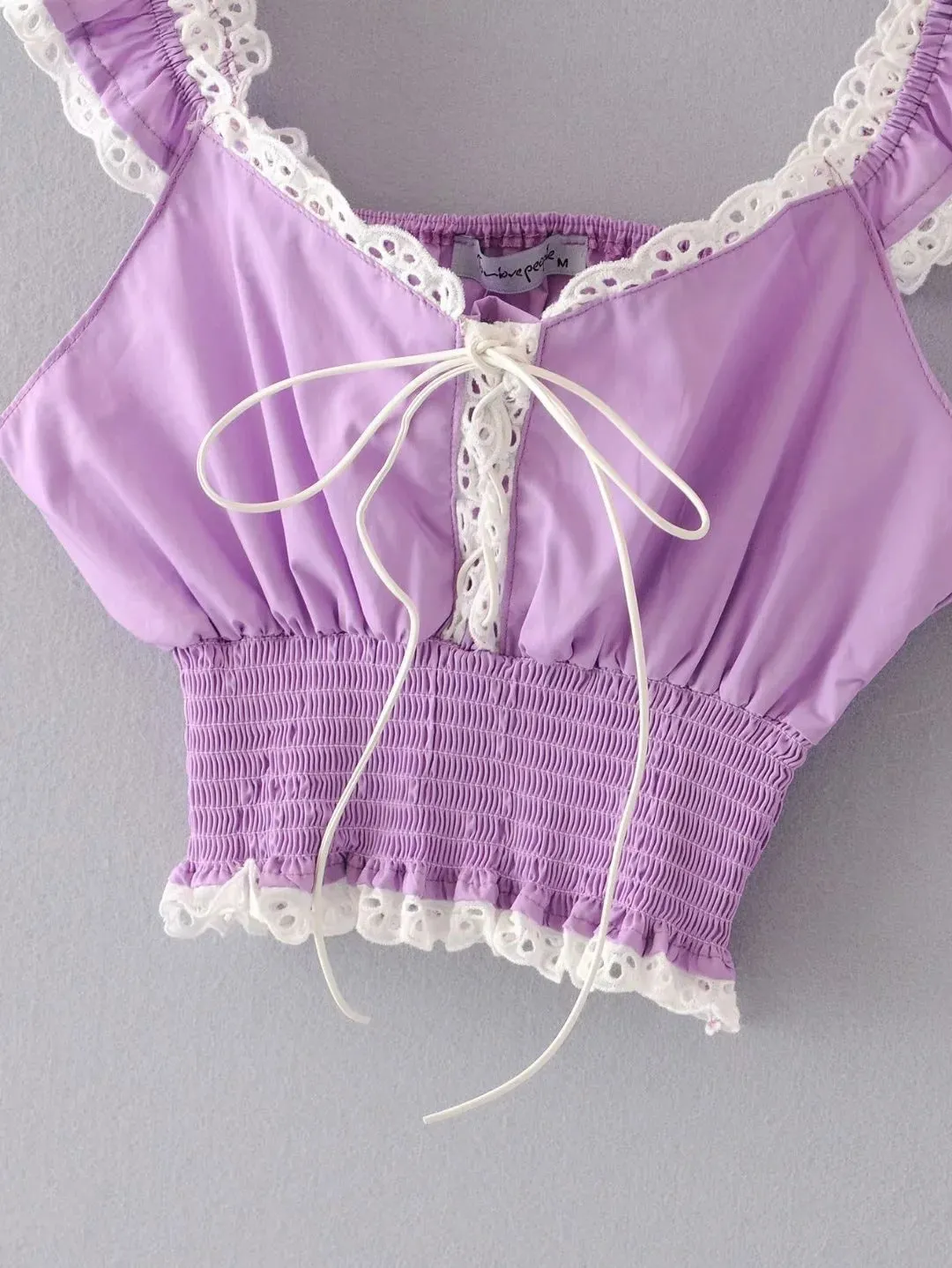 Women's new tie rope lace short shirt European and American style navel lace top