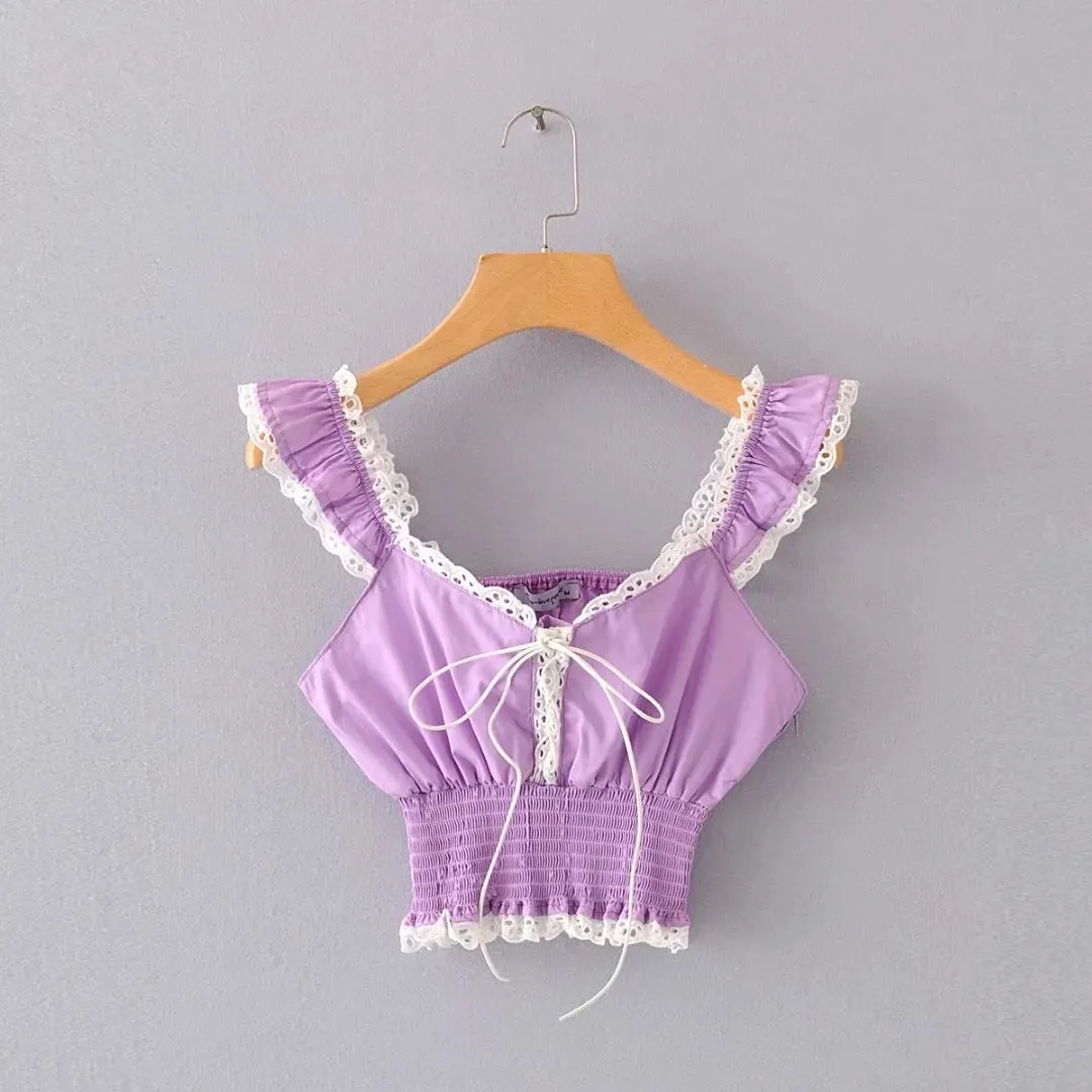 Women's new tie rope lace short shirt European and American style navel lace top