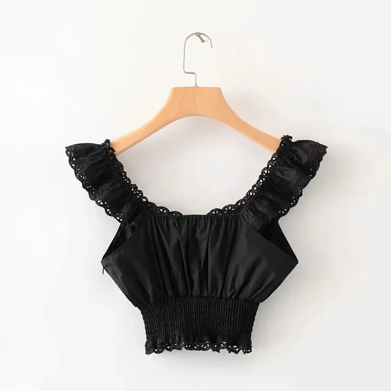 Women's new tie rope lace short shirt European and American style navel lace top