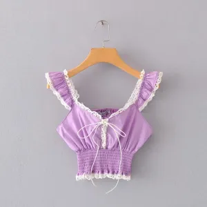 Women's new tie rope lace short shirt European and American style navel lace top