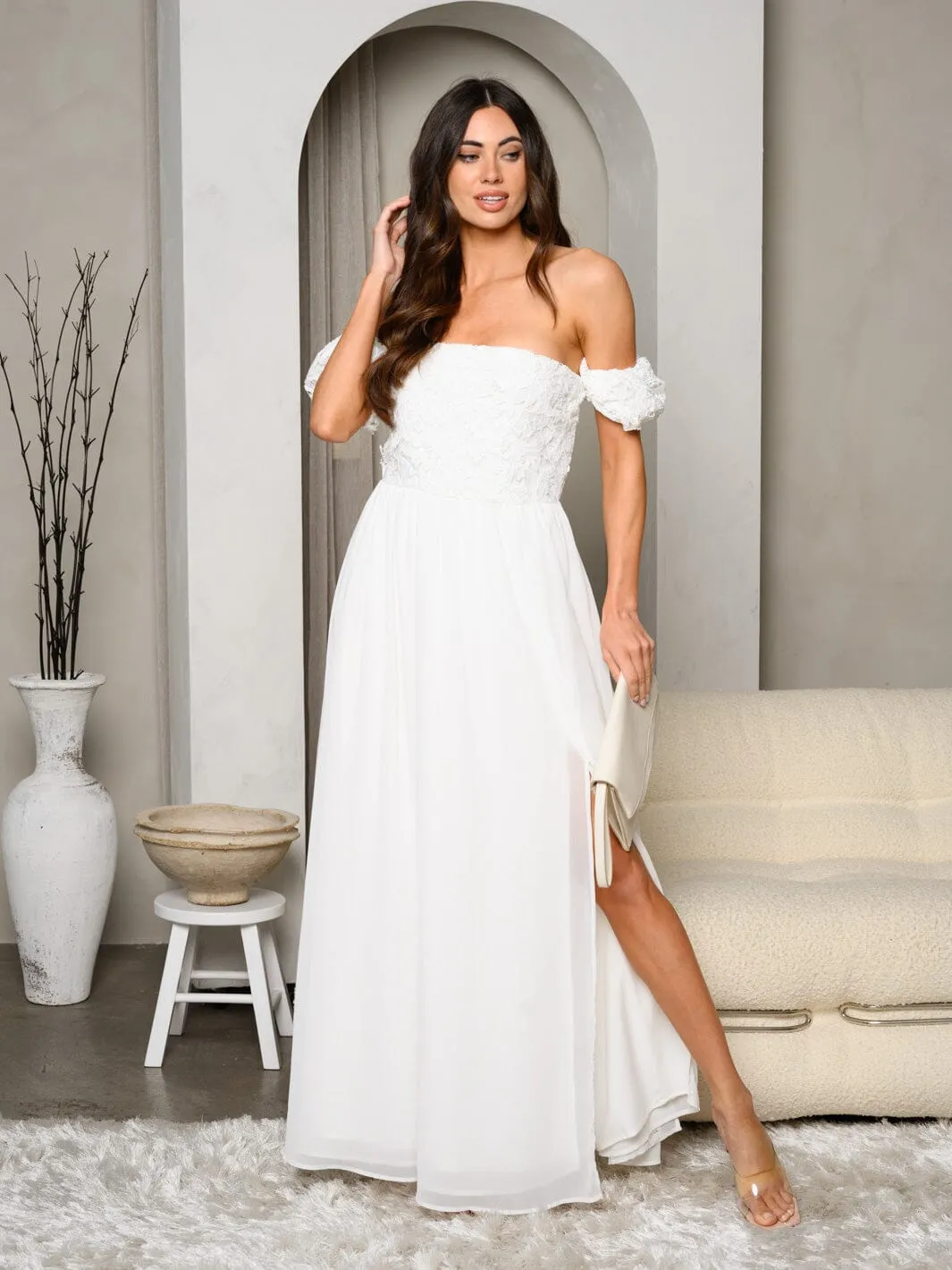 WOMEN'S OFF SHOULDER SIDE SLIT MAXI GOWN DRESS