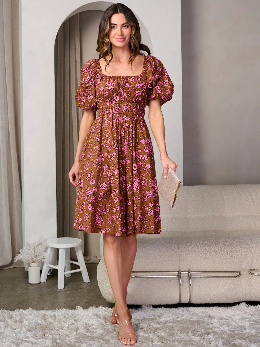 WOMEN'S SHORT PUFF SLEEVE FIT & FLARE SMOCK FLORAL MINI DRESS