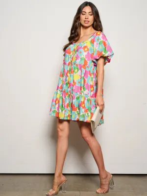 WOMEN'S SHORT PUFF SLEEVE POCKETS TIERED TUNIC FLORAL MINI DRESS