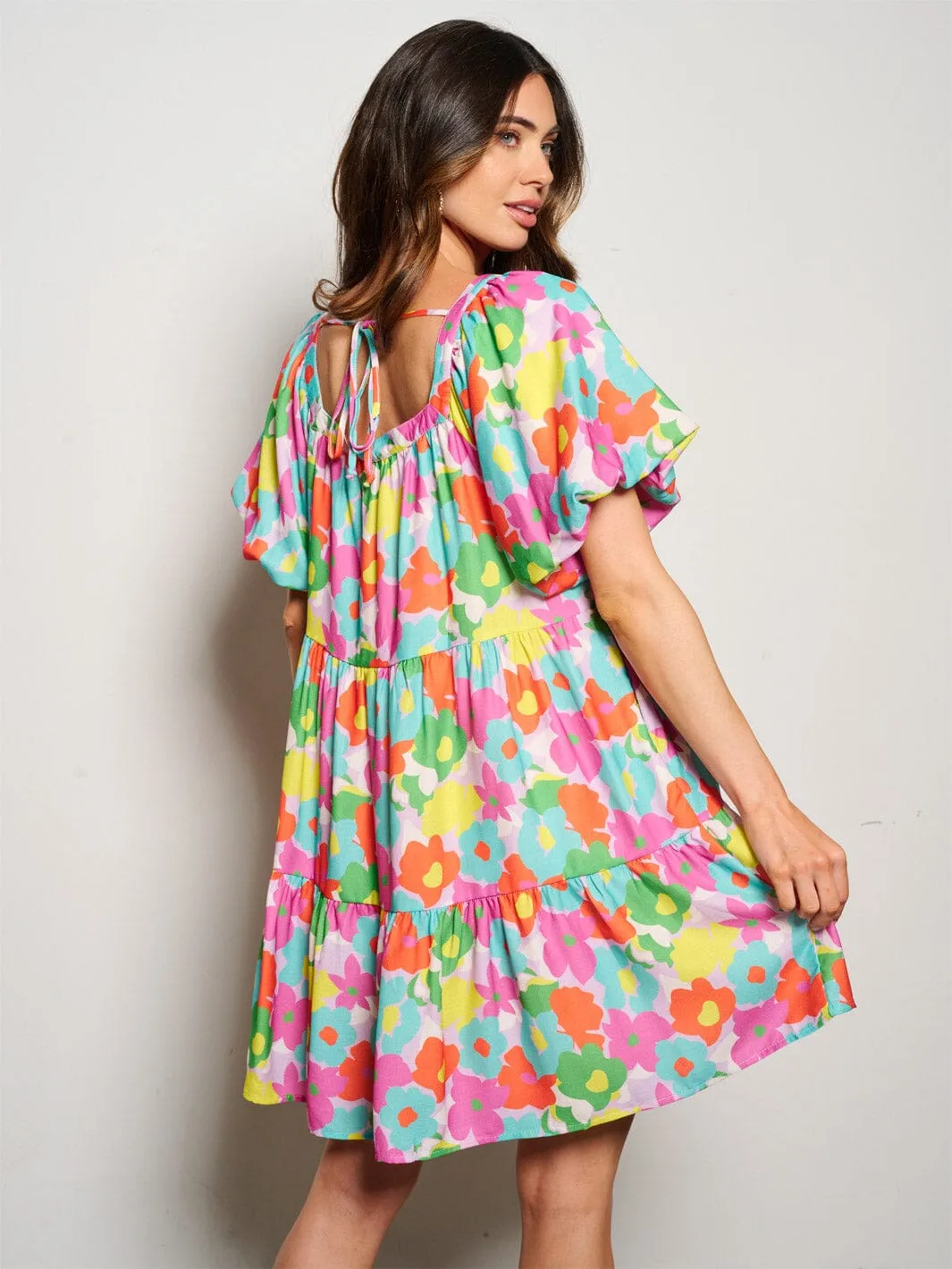 WOMEN'S SHORT PUFF SLEEVE POCKETS TIERED TUNIC FLORAL MINI DRESS
