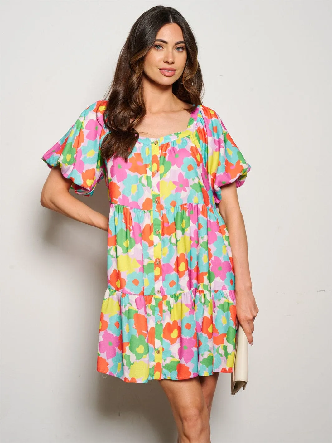 WOMEN'S SHORT PUFF SLEEVE POCKETS TIERED TUNIC FLORAL MINI DRESS