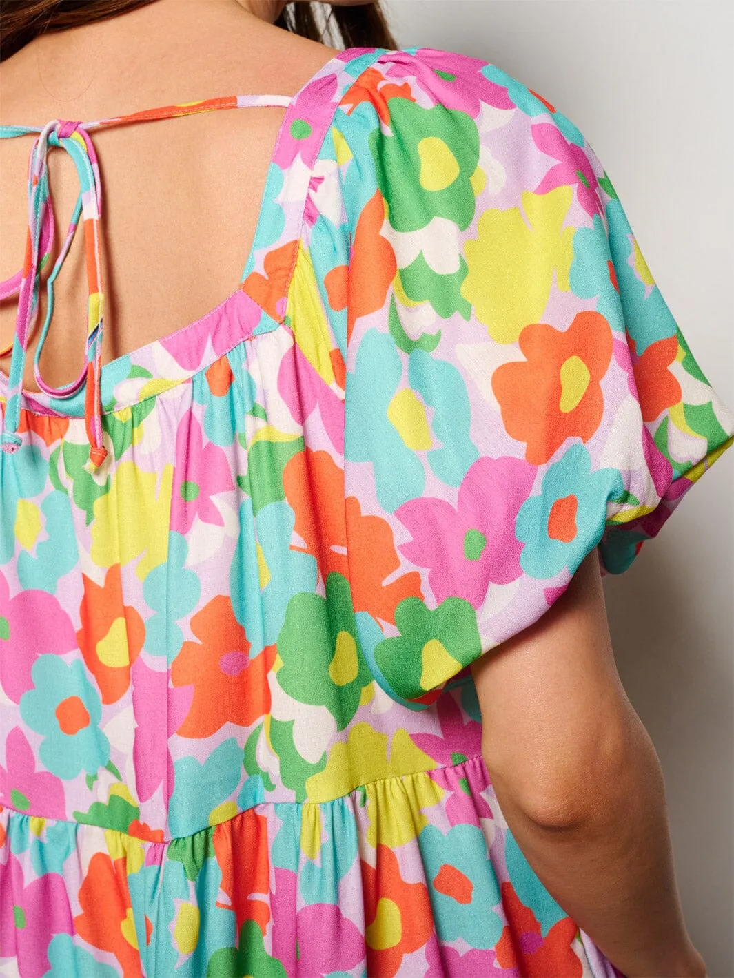 WOMEN'S SHORT PUFF SLEEVE POCKETS TIERED TUNIC FLORAL MINI DRESS