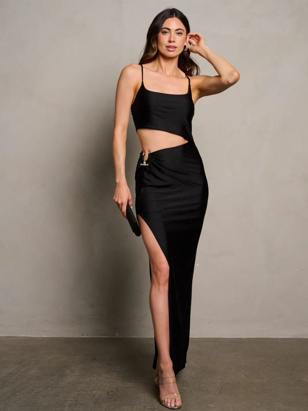 WOMEN'S SLEEVELESS CUT OUR SLIT BODYCON MAXI DRESS