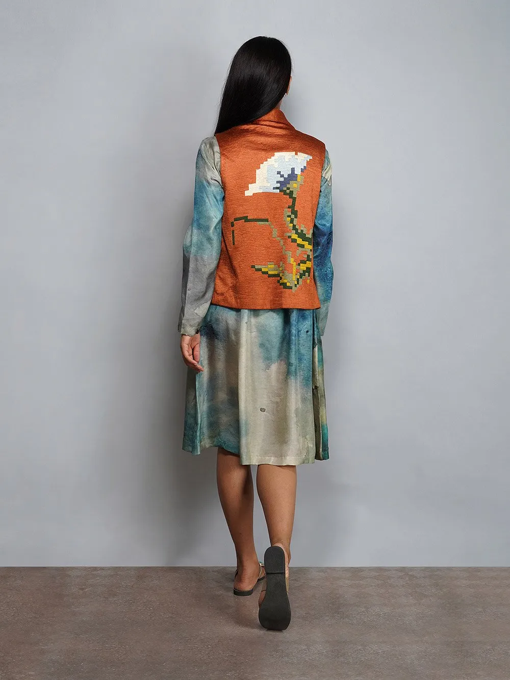 Yavi   I   Printed Silk Dress With Embroidered Jacket