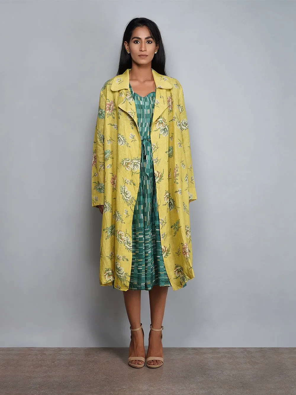 Yavi   I   Printed Silk Dress With Printed Linen Jacket