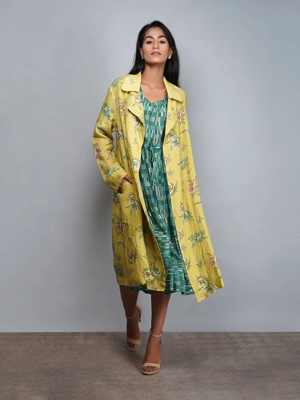 Yavi   I   Printed Silk Dress With Printed Linen Jacket