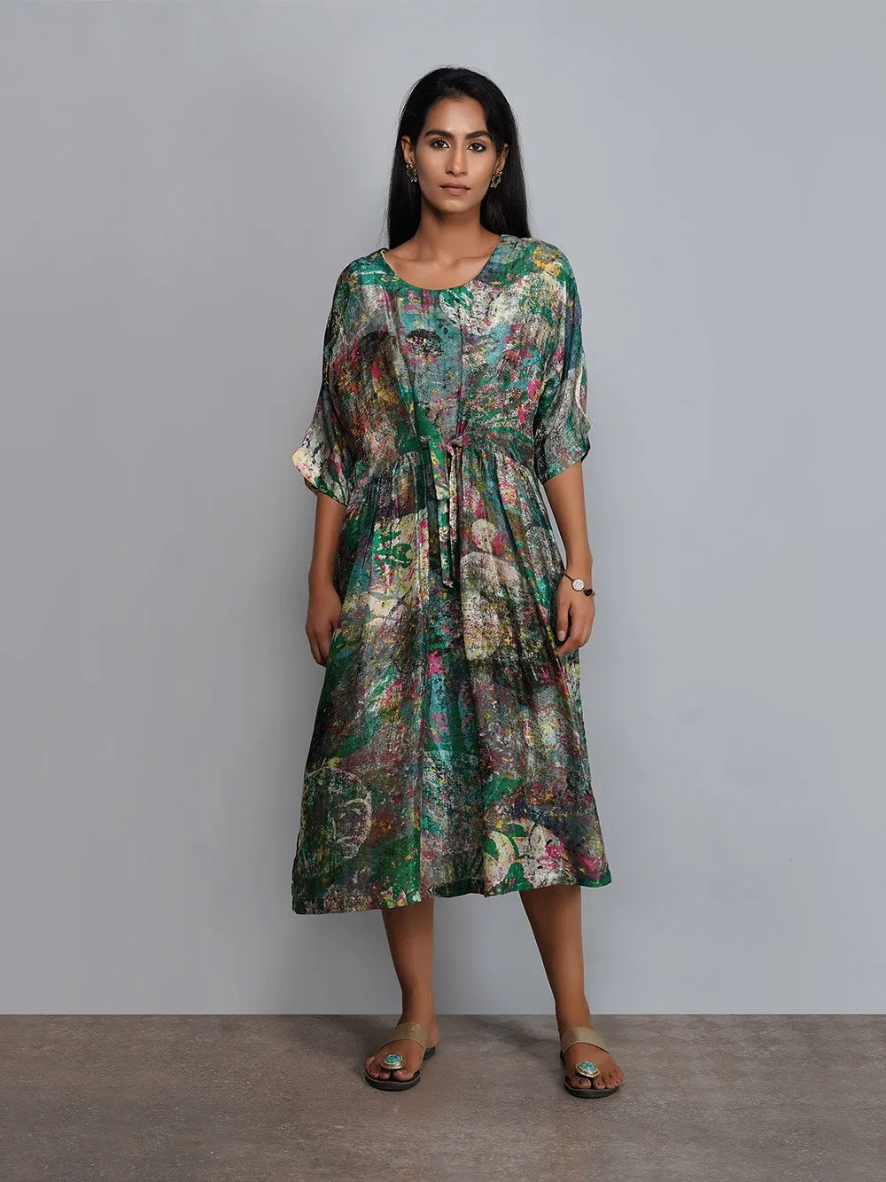Yavi   I   Silk Printed Dress With Petal Dyed Scarf