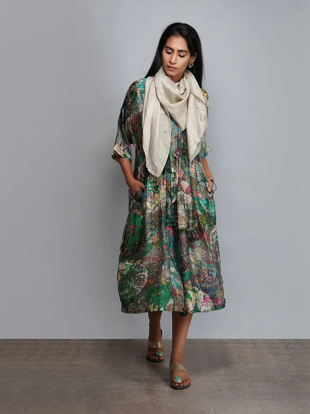 Yavi   I   Silk Printed Dress With Petal Dyed Scarf