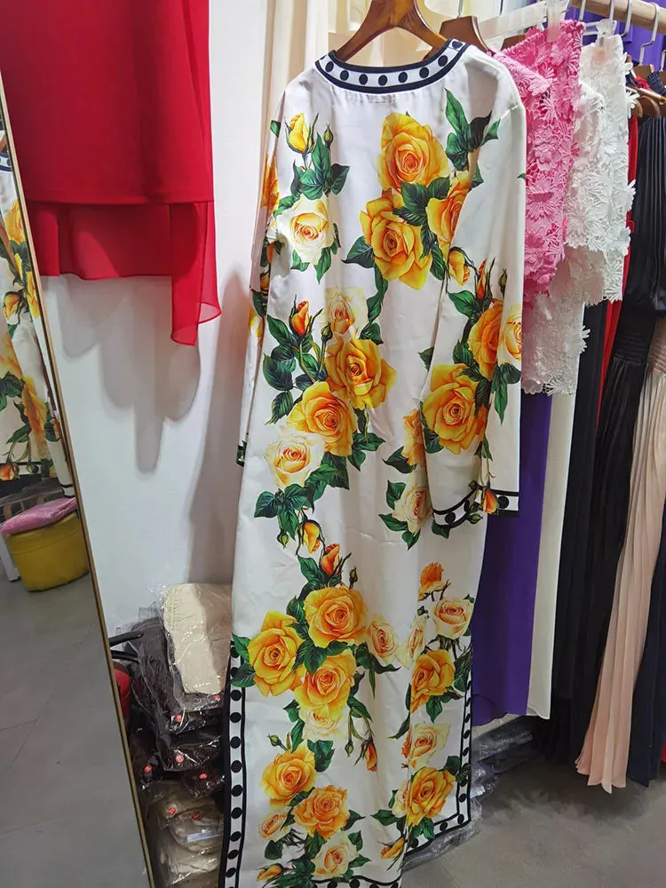 Yellow Rose Flower Printing Dress