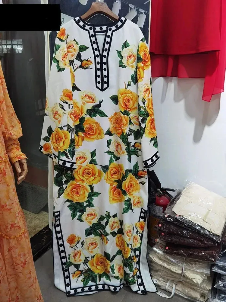 Yellow Rose Flower Printing Dress