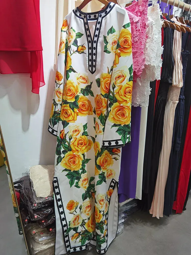 Yellow Rose Flower Printing Dress