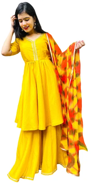 Yellow Silk Sharara Dress with Pure Chinon hand tie n dye Dupatta
