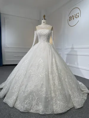 Z048- BYG Ivory Vintage Off-Shoulder Long Sleeves Beading Lace Ball Gown