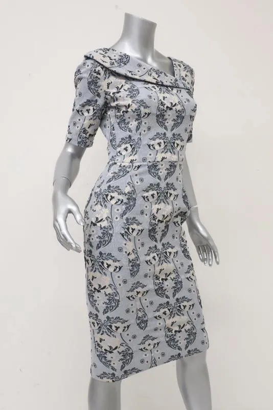 Zac Posen Dress Gray Damask Stretch Jacquard Size 4 Asymmetric-Neck Sheath NEW