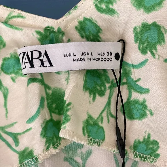 Zara Satin Floral Midi Dress Floral Green &amp; Ivory Size L