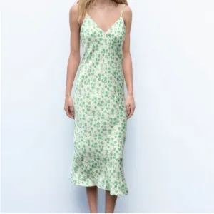 Zara Satin Floral Midi Dress Floral Green &amp; Ivory Size L