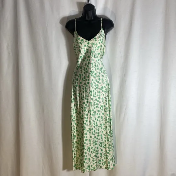 Zara Satin Floral Midi Dress Floral Green &amp; Ivory Size L