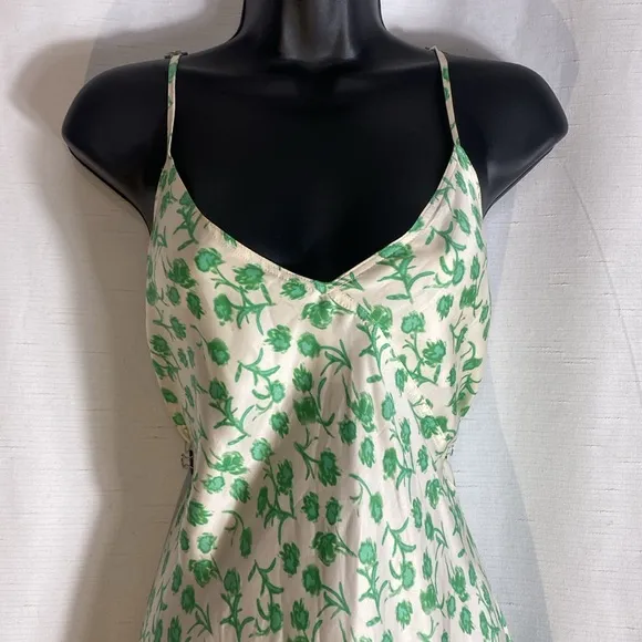 Zara Satin Floral Midi Dress Floral Green &amp; Ivory Size L