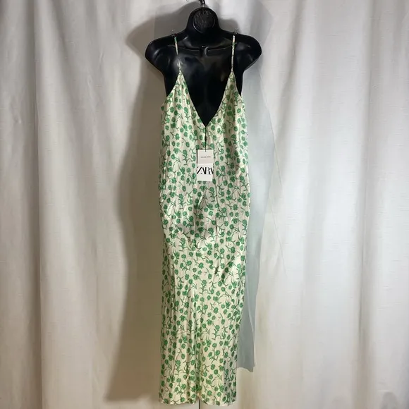 Zara Satin Floral Midi Dress Floral Green &amp; Ivory Size L