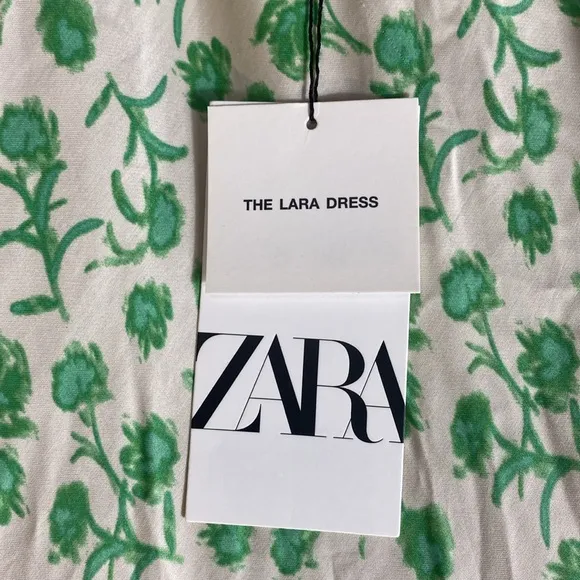 Zara Satin Floral Midi Dress Floral Green &amp; Ivory Size L