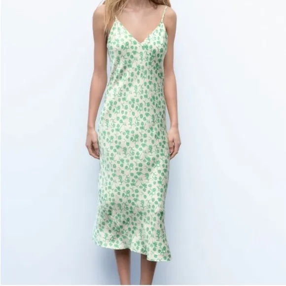 Zara Satin Floral Midi Dress Floral Green &amp; Ivory Size L