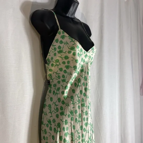 Zara Satin Floral Midi Dress Floral Green &amp; Ivory Size L