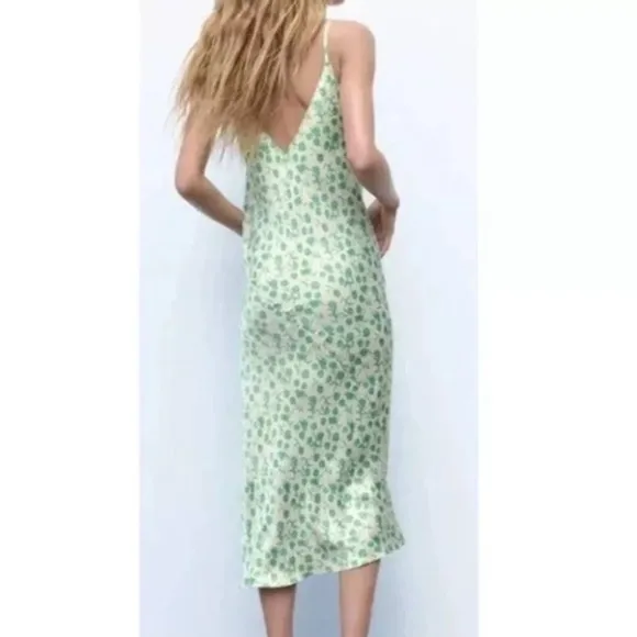Zara Satin Floral Midi Dress Floral Green &amp; Ivory Size L