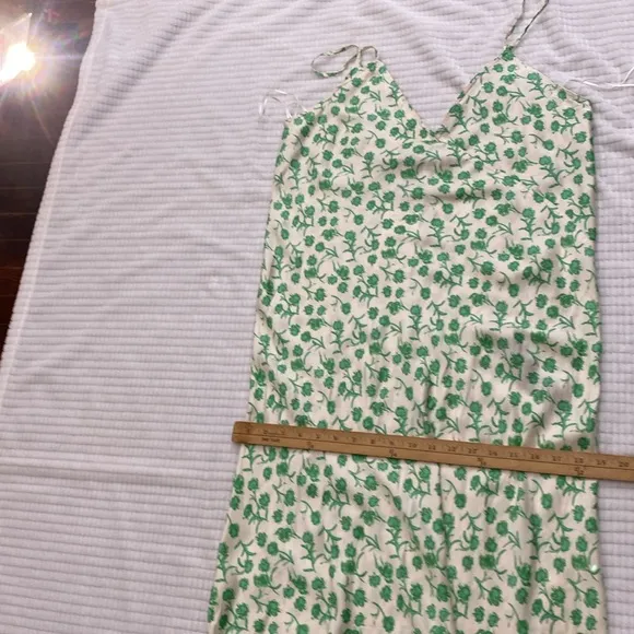 Zara Satin Floral Midi Dress Floral Green &amp; Ivory Size L