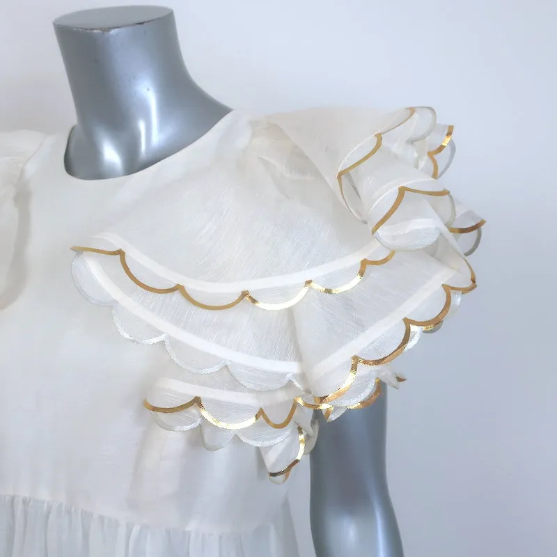 Zimmermann Dancer Scalloped Metallic-Trim Maxi Dress Cream Linen-Silk Size 3