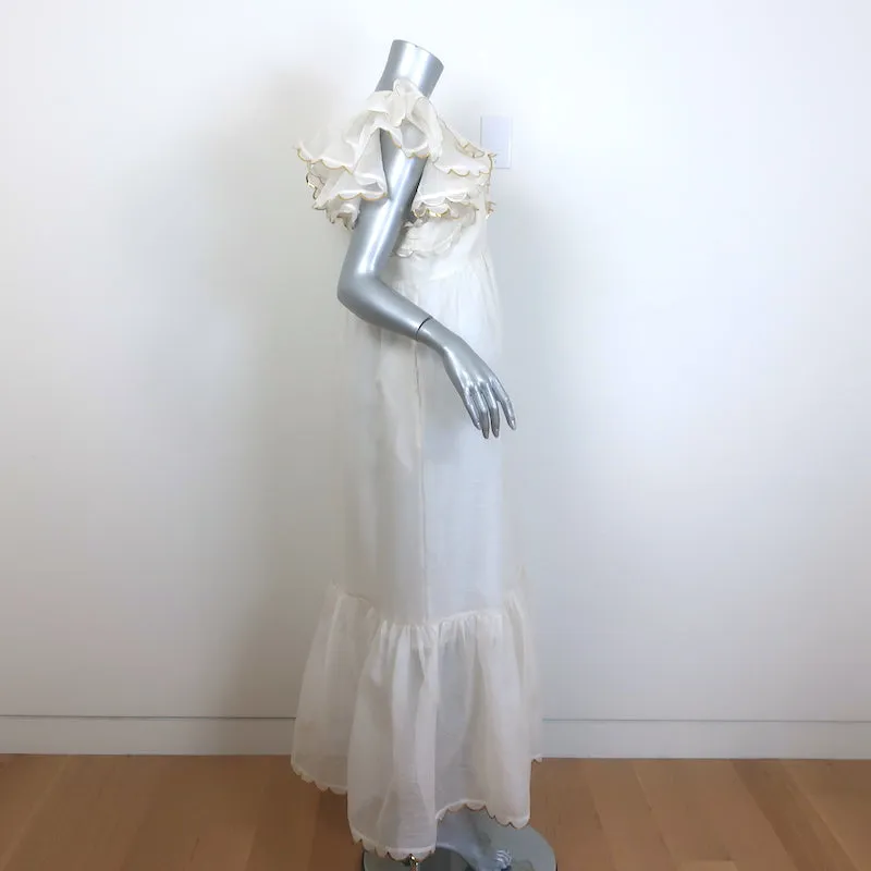 Zimmermann Dancer Scalloped Metallic-Trim Maxi Dress Cream Linen-Silk Size 3